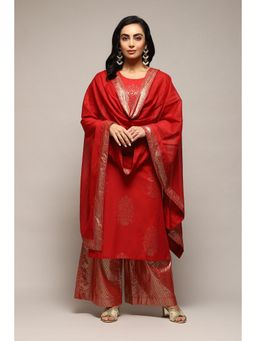 Biba - Women Red Woven Kurta with Palazzo and Dupatta (Set of 3)