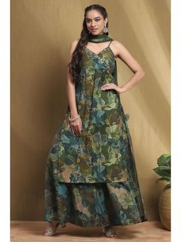 Biba - Women Green Printed Kurta with Sharara and Dupatta (Set of 3)