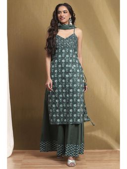 Biba - Women Green Embroidered Kurta with Sharara and Dupatta (Set of 3)