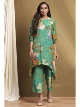 Biba - Women Green Floral Kurta with Palazzo (Set of 2)