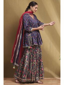 Biba - Women Blue Floral Kurta with Sharara and Dupatta (Set of 3)