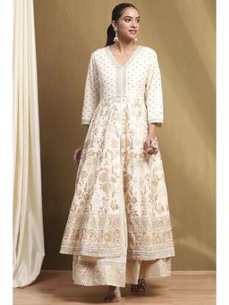 Biba - Women White Floral Kurta with Gharara and Dupatta (Set of 3)