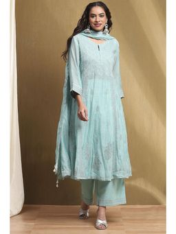 Biba - Women Blue Embroidered Kurta with Palazzo and Dupatta (Set of 3)