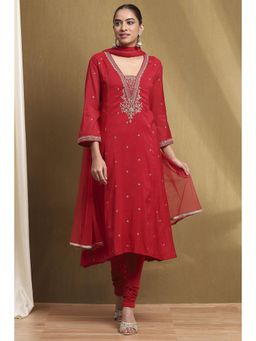 Biba - Women Red Embroidered Kurta with Churidar and Dupatta (Set of 3)