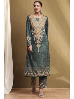 Biba - Women Green Printed Kurta with Pant (Set of 2)