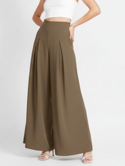 Outzidr - Brown High Waist Pleated Flared Trouser