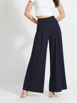 Outzidr - Navy Blue High Waist Pleated Flared Trouser