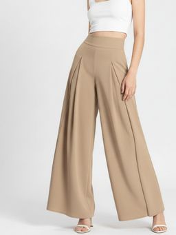 Outzidr - Beige High Waist Pleated Flared Trouser