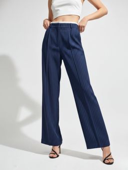 Outzidr - Navy Blue Contrast Waist Striped Wide Leg Pant