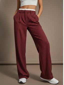 Outzidr - Maroon Contrast Waist Striped Wide Leg Pant