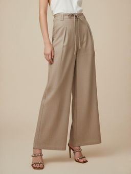 Outzidr - Beige High Waist Front Pleated Pant