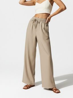 Outzidr - Beige High Waist Wide Leg Pant
