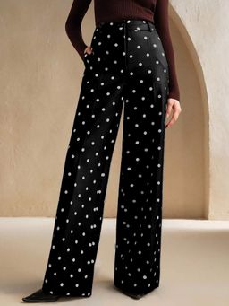 Outzidr - Black High Waist Polka Printed Pant