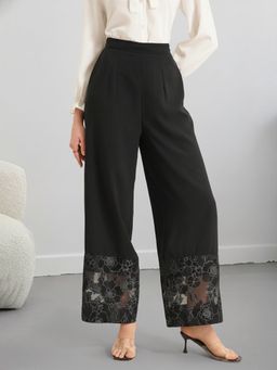 Outzidr - Black Wide Leg Trousers with Lace Hem