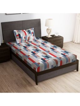 Story@Home - 180 Tc Grey & Red Graphic Microfiber Single Size Bedsheet With 1 Pillow Cover