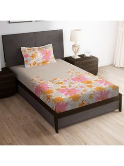 Story@Home - 180 Tc Cream Floral Microfiber Single Size Bedsheet With 1 Pillow Cover