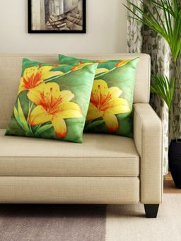 Swayam - Green & Yellow Square Printed Cushion Covers (Pack of 2) (16x16 Inches)