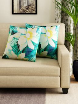 Swayam - Green & White Square Printed Cushion Covers (Pack of 2) (16x16 Inches)