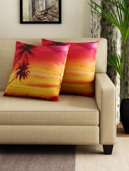 Swayam - Orange & Yellow Printed Square Cushion Covers (Pack of 2) (16x16 Inches)