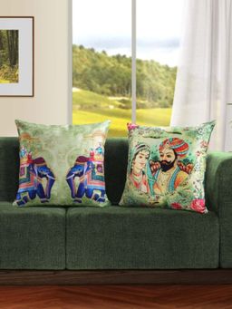 Swayam - Green & Yellow Ethnic Motifs Square Silk Cushion Covers (Pack of 2) (16x16 Inches)