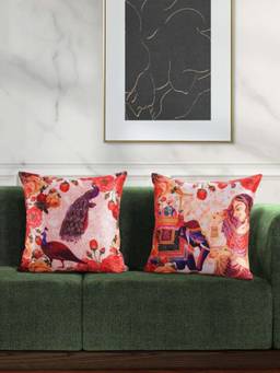 Swayam - Brown & Peach Ethnic Motifs Square Cushion Covers (Pack of 2) (16x16 Inches)