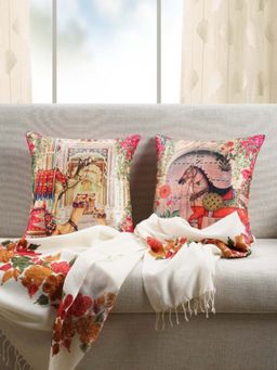 Swayam - Beige & Red Ethnic Motifs Square Cushion Covers (Pack of 2) (16x16 Inches)