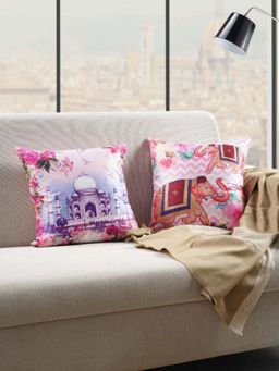 Swayam - Beige & Pink Ethnic Motifs Square Silk Cushion Covers (Pack of 2) (16x16 Inches)