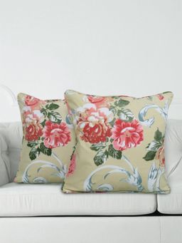 Swayam - 160 Tc Beige Floral Printed Cotton Cushion Covers (Pack of 2) (16x16 Inches)