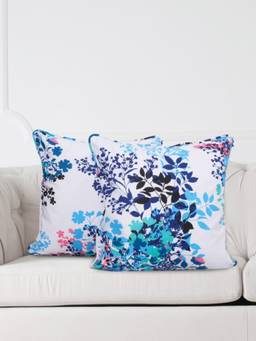 Swayam - White & Blue Geometric Square Cushion Covers (Pack of 2) (16x16 Inches)