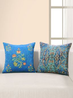 Swayam - Blue & Orange Ethnic Motifs Velvet Square Cushion Covers (Pack of 2) (16x16 Inches)