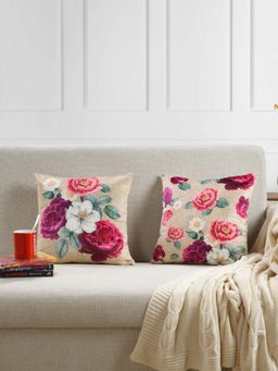 Swayam - Beige & Red Floral Velvet Square Cushion Covers (Pack of 2) (16x16 Inches)