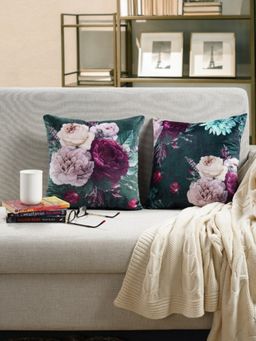 Swayam - Green Floral Printed Square Cushion Covers (Pack of 2) (16x16 Inches)