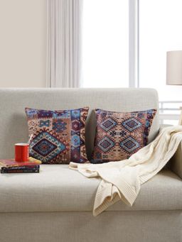 Swayam - Beige & Blue Ethnic Motifs Velvet Square Cushion Covers (Pack of 2) (16x16 Inches)