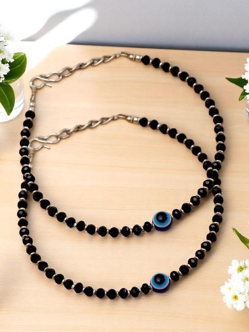 OOMPH Black Beads Evil Eye Fashion Anklet Stylish Latest (Pack of 2)