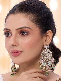 OOMPH - Pink And Mint Green Kundan Mehndi Gold Jadau Drop Earrings With Small Jhumki
