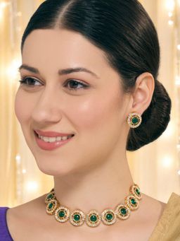 OOMPH - Green Kemp Stone Indo-Western Choker Necklacet Set