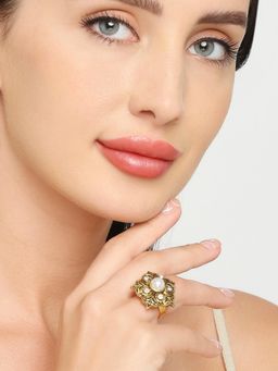 OOMPH - Antique Gold Stones And Pearls Floral Ethnic Ring (8)