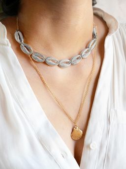 OOMPH - Gold And Silver Two Tone Multi Layer Necklace - Sea Shell Design