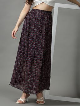 SHOWOFFFF - Womens Floral Navy Blue Maxi Flared Skirt