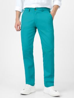 Urbano Fashion - Men Turquiose Blue Cotton Slim Fit Casual Chinos Trousers Stretch