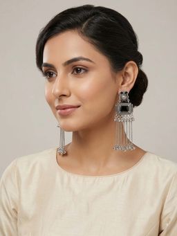 Zoey - Women Black Silver Toned Stone Earrings