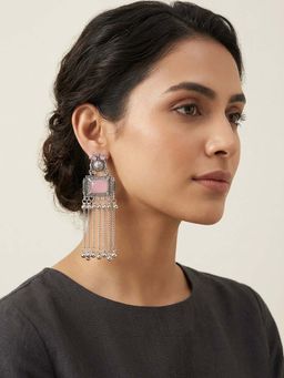 Zoey - Women Pink Silver Toned Stone Earrings