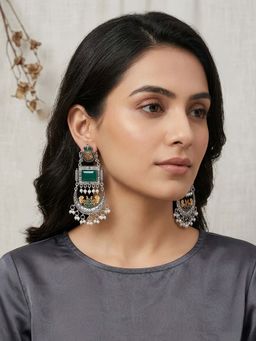 Zoey - Women Green Silver Toned Stone Earrings