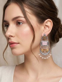 Zoey - Women Pink Silver Toned Stone Earrings