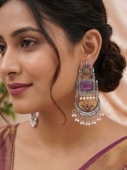 Zoey - Women Purple Silver Toned Stone Earrings