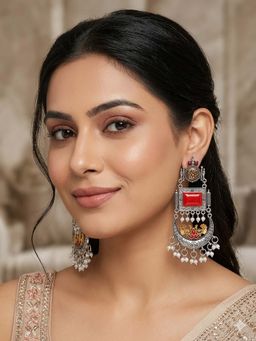 Zoey - Women Red Silver Toned Contemporary Earrings