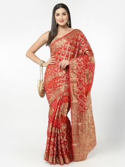 KISHORI - Women Silk Bandhani and Zari Weaving Saree with Unstitched Blouse - Red