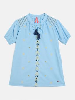 Blue Giraffe - Girls Blue Embroidered Short Sleeves A-Line Dress