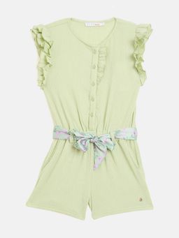 ELLE - Girls Green Textured Round Neck Sleeveless Playsuit