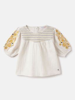 ELLE - Girls White Round Neck Half Sleeve Embroidery Top